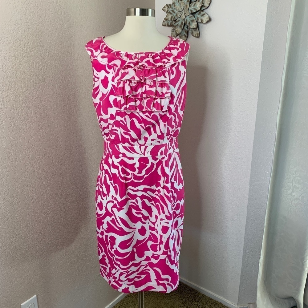 Banana Republic Pink White Ruffle Midi Dress Sz 8